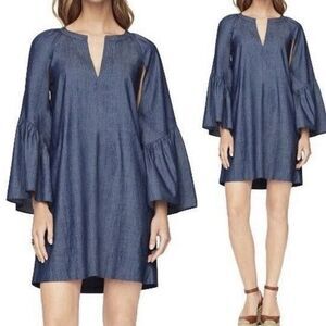 BCBGMAXAZRIA Ajax Chambray Bell Sleeve Mini Shift Dress Size L Cutout Boho Flare